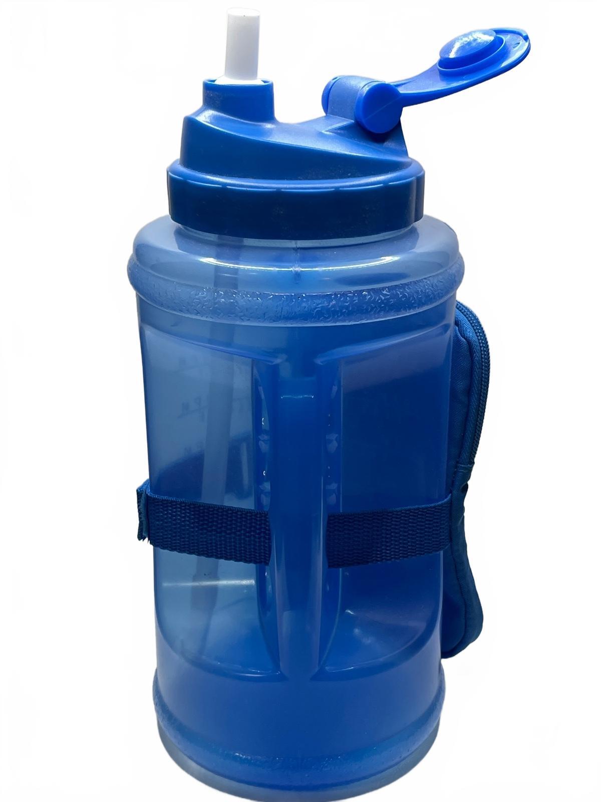 Blue Large Water Bottle with Side Zipper Pouch and Time Marker 74oz