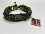 Military Style Paracord Bracelet with American Flag Plate + Flag Lapel Pin