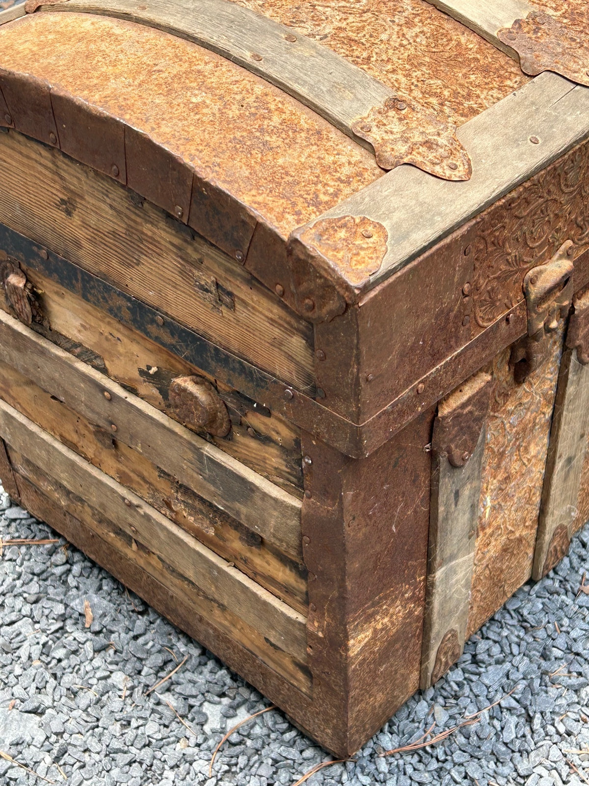Antique Wooden Dome Top Trunk with Metal Straps and Interior Tray