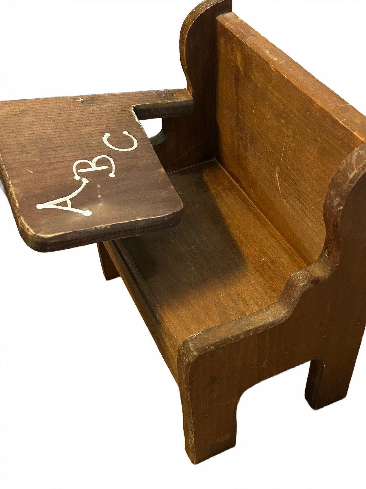 Vintage Handmade Wooden Doll School Desk Chair with ABC Design