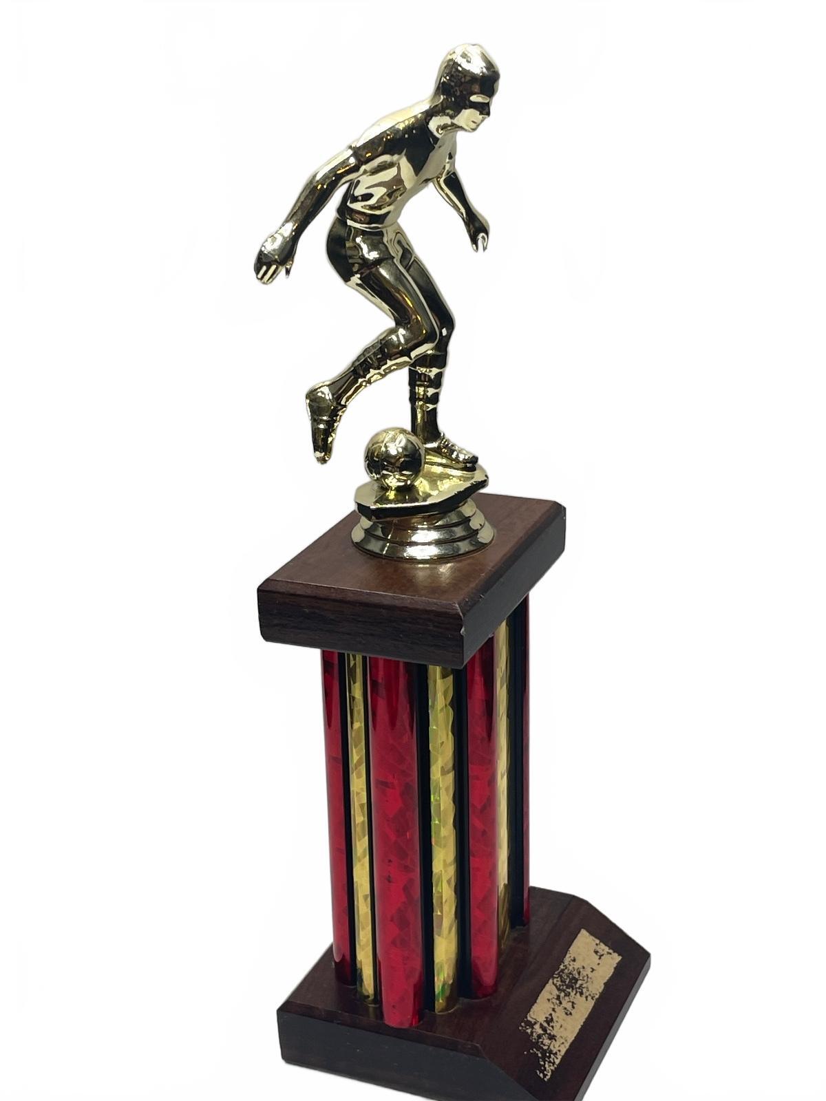 Vintage Soccer Trophy with Gold Player Figurine on Red and Gold Column Base  10"