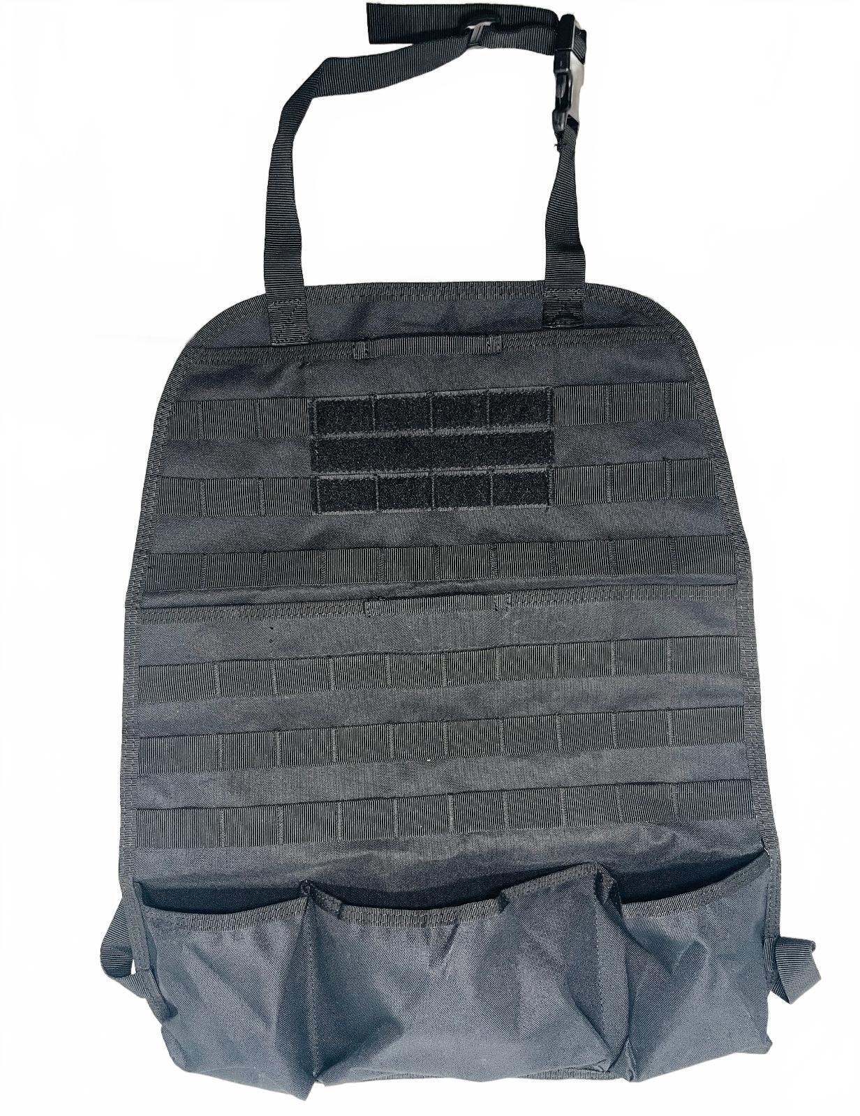 Black Tactical MOLLE Organizer Panel with Adjustable Straps and Storage Pouches
