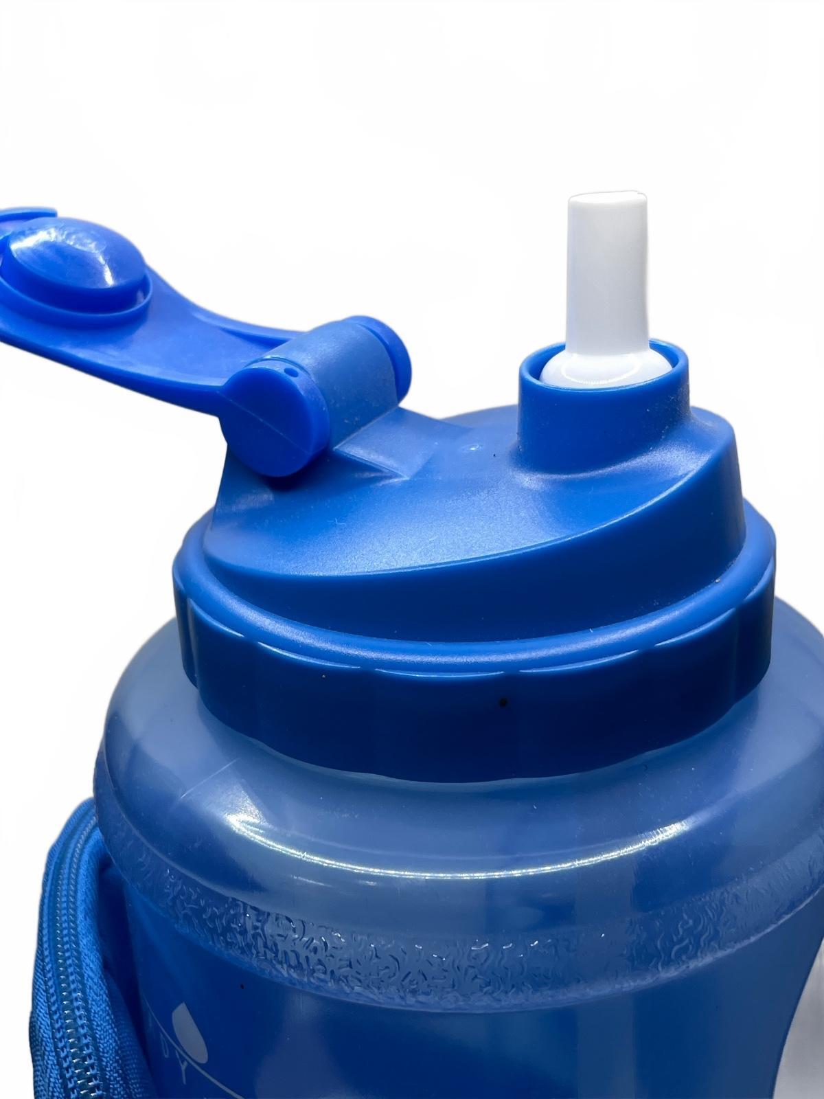Blue Large Water Bottle with Side Zipper Pouch and Time Marker 74oz