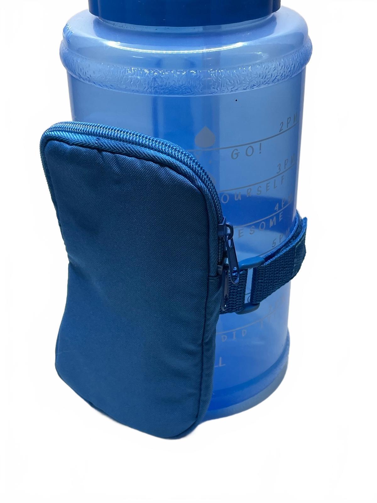 Blue Large Water Bottle with Side Zipper Pouch and Time Marker 74oz