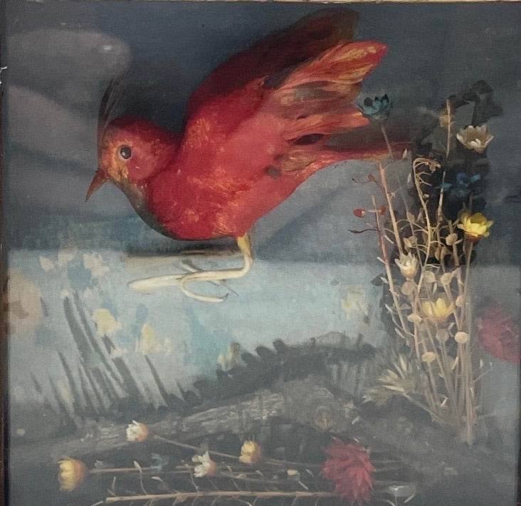 Vintage Handmade Shadow Box Cardinal with Tiny Floral Accents Miniature Scene 5"