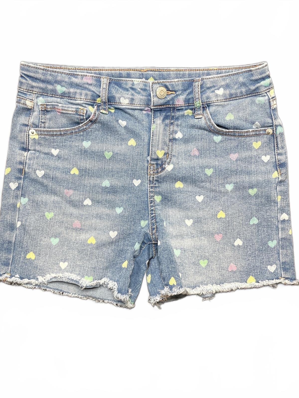 SO Denim Shorts with Multicolor Heart Print and Frayed Hem, Size Girls XL (14)
