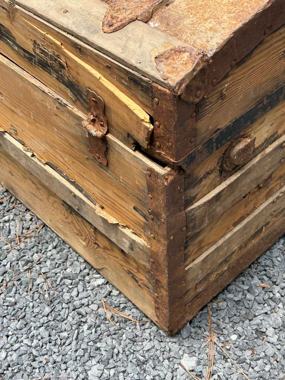 Antique Wooden Dome Top Trunk with Metal Straps and Interior Tray