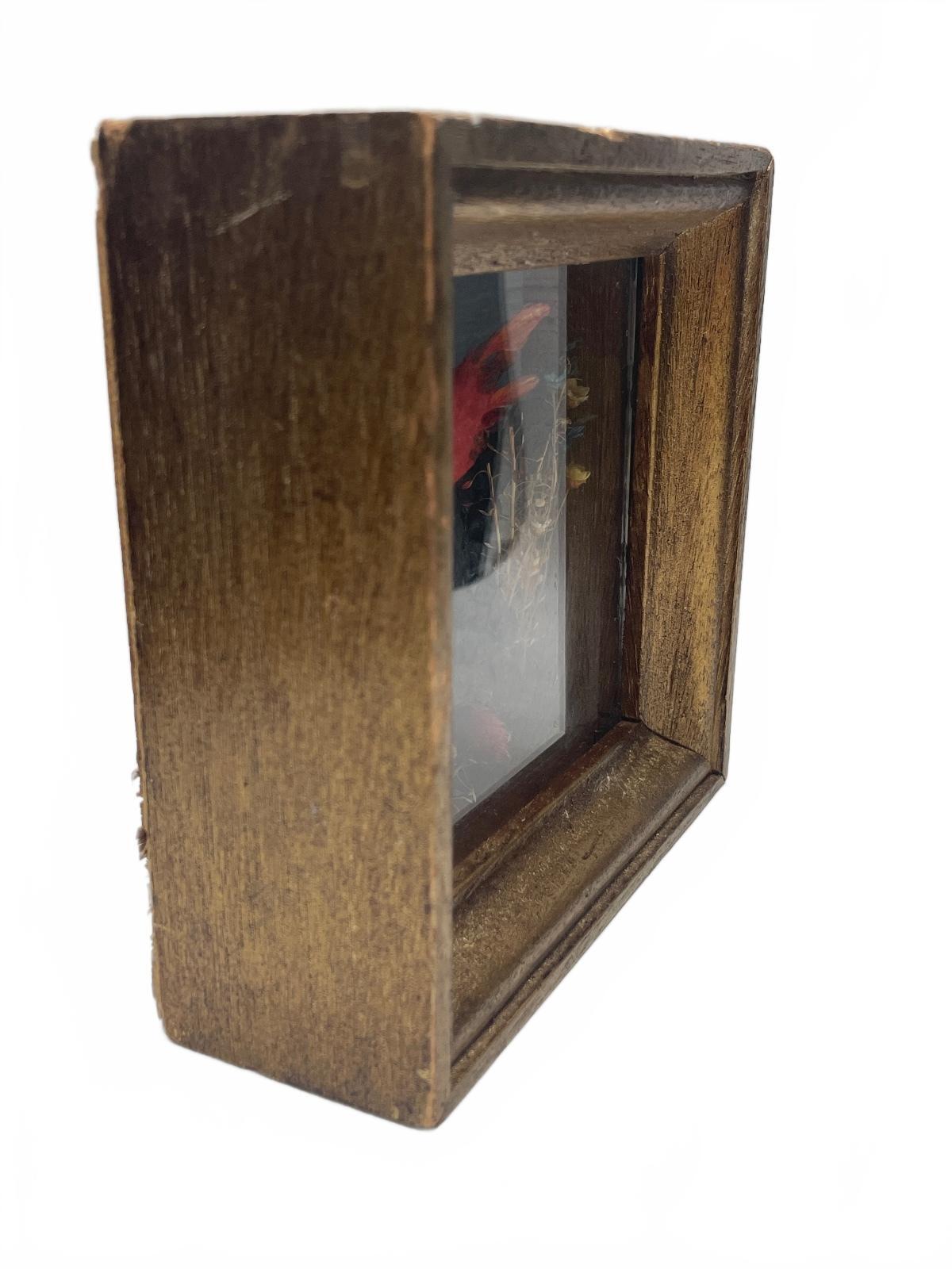 Vintage Handmade Shadow Box Cardinal with Tiny Floral Accents Miniature Scene 5"
