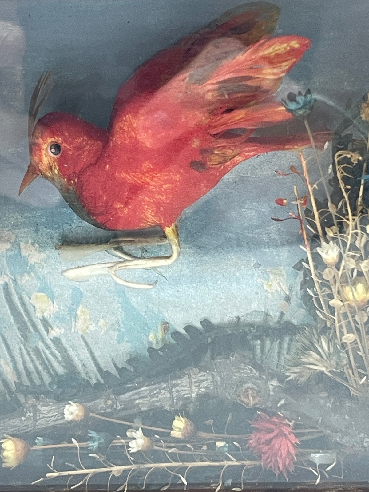 Vintage Handmade Shadow Box Cardinal with Tiny Floral Accents Miniature Scene 5"