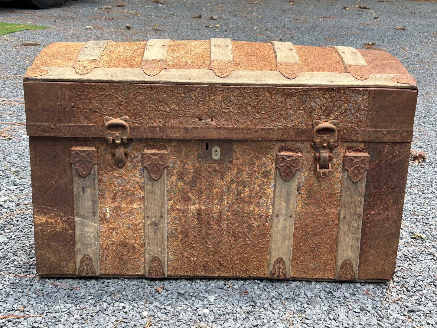 Antique Wooden Dome Top Trunk with Metal Straps and Interior Tray