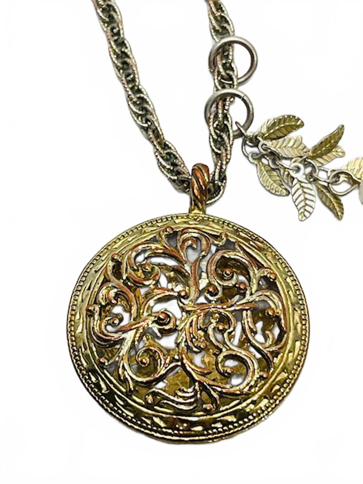 Vintage Style Gold and Silver Filigree Pendant Necklace with Leaf Charms 15"