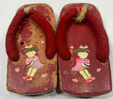 Vintage Japanese Geta Wooden Sandals with Red Fabric Straps  Child Size 6"