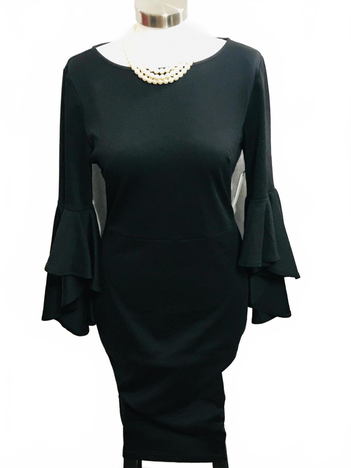 VFShow Cocktail Evening Dress Black Form Fitting 3/4 Ruffle Bell Sleeve Ladies M