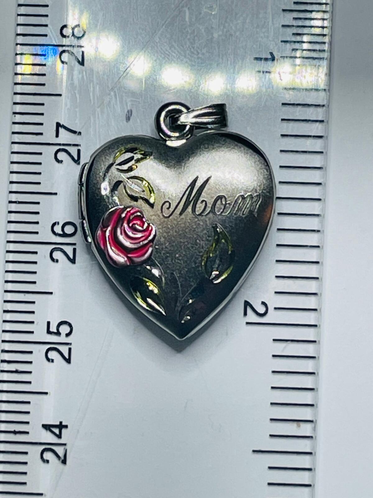 Heart Locket Pendant Charm "Mom" with Rose Floral Design