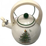 Vintage Spode Christmas Tree Whistling Tea Kettle 2.2 Quart Porcelain Enamel