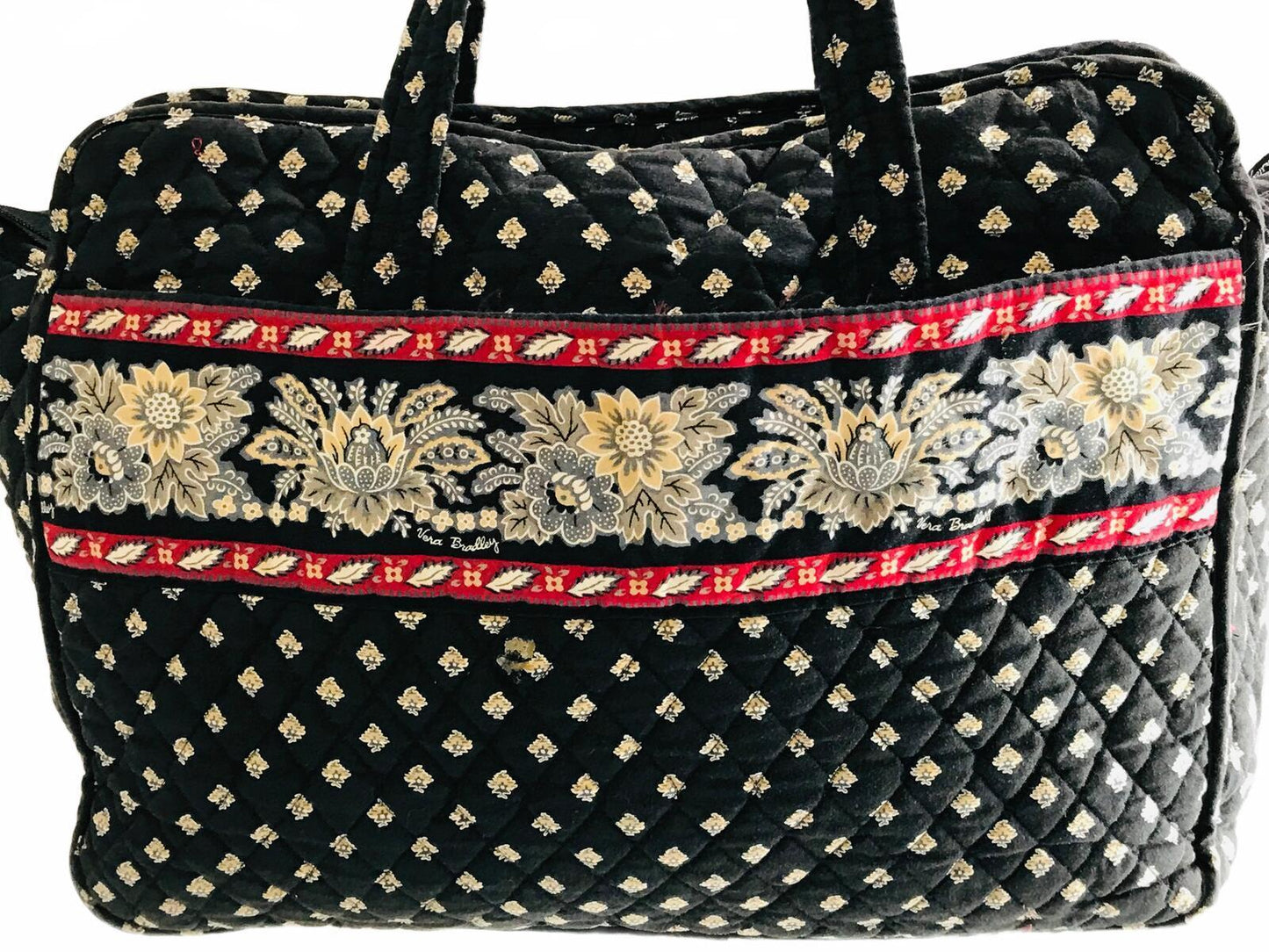Vera Bradley Quilted Tote Bag Black with Blue and Gold Flowers 16" LT STAINING