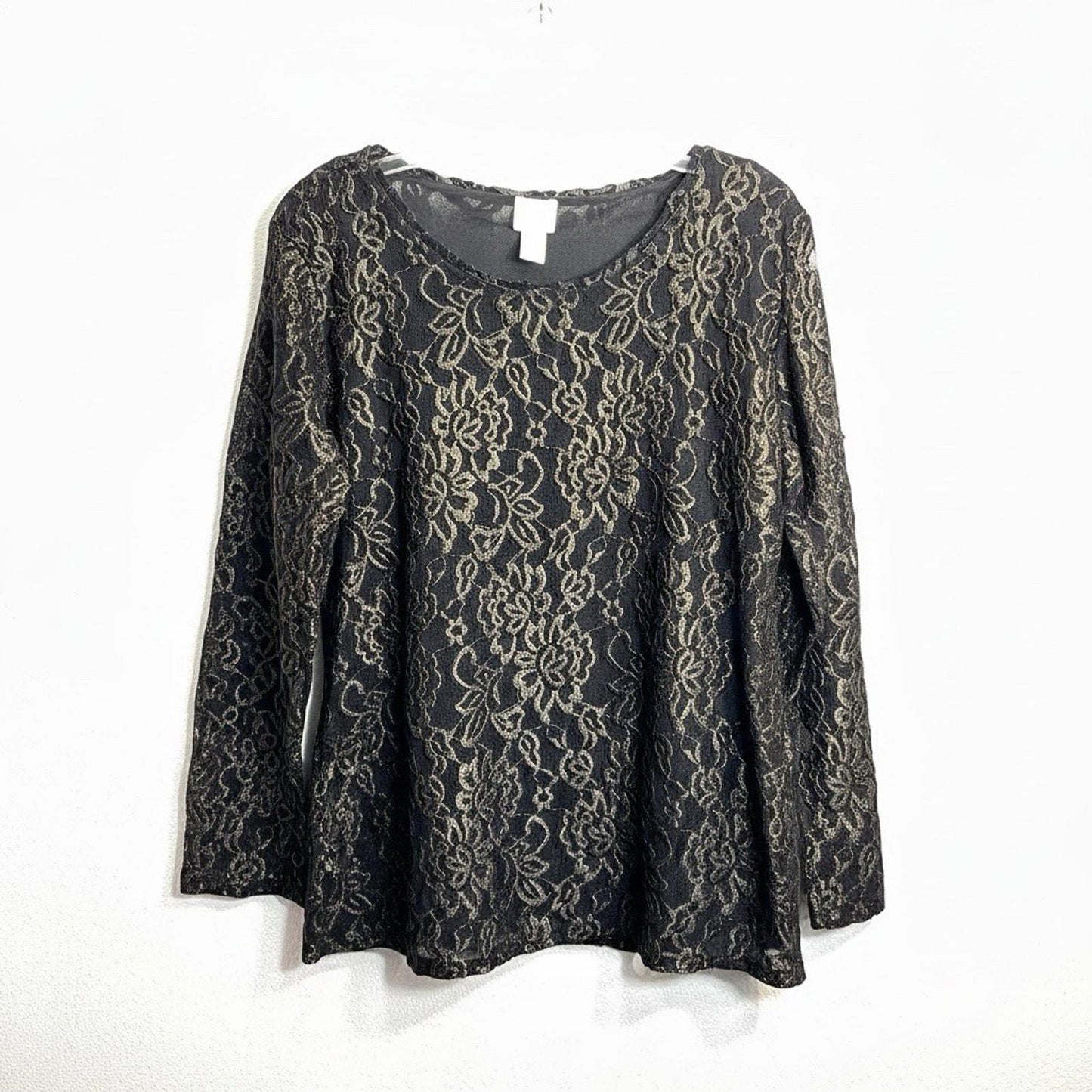 Chicos 3 Shirt Long Sleeve Black Mesh with Gold Embroidered Design Women's XL