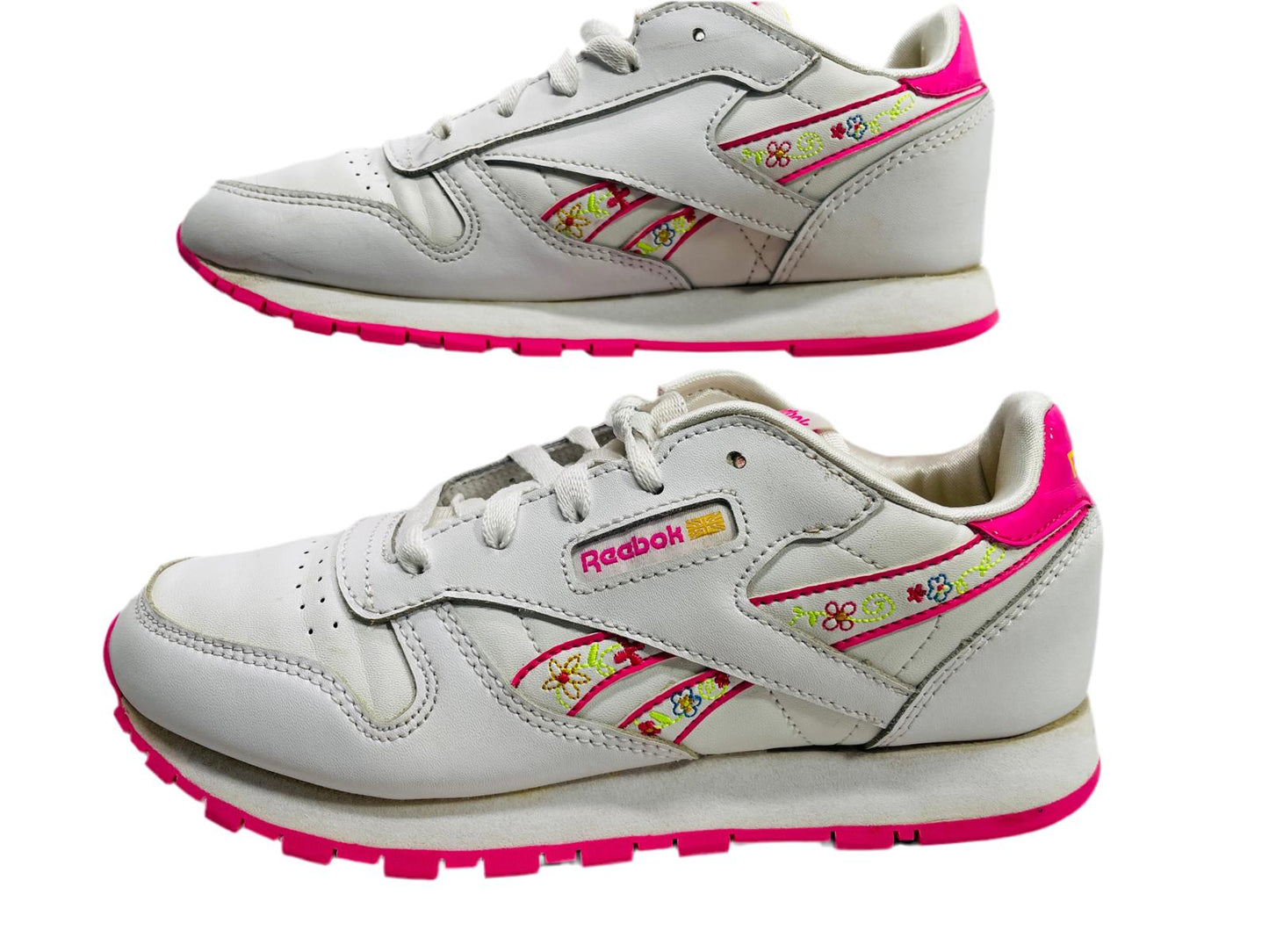 Reebok Classic Running Sneaker White & Pink with Pink Flowers Girls 3