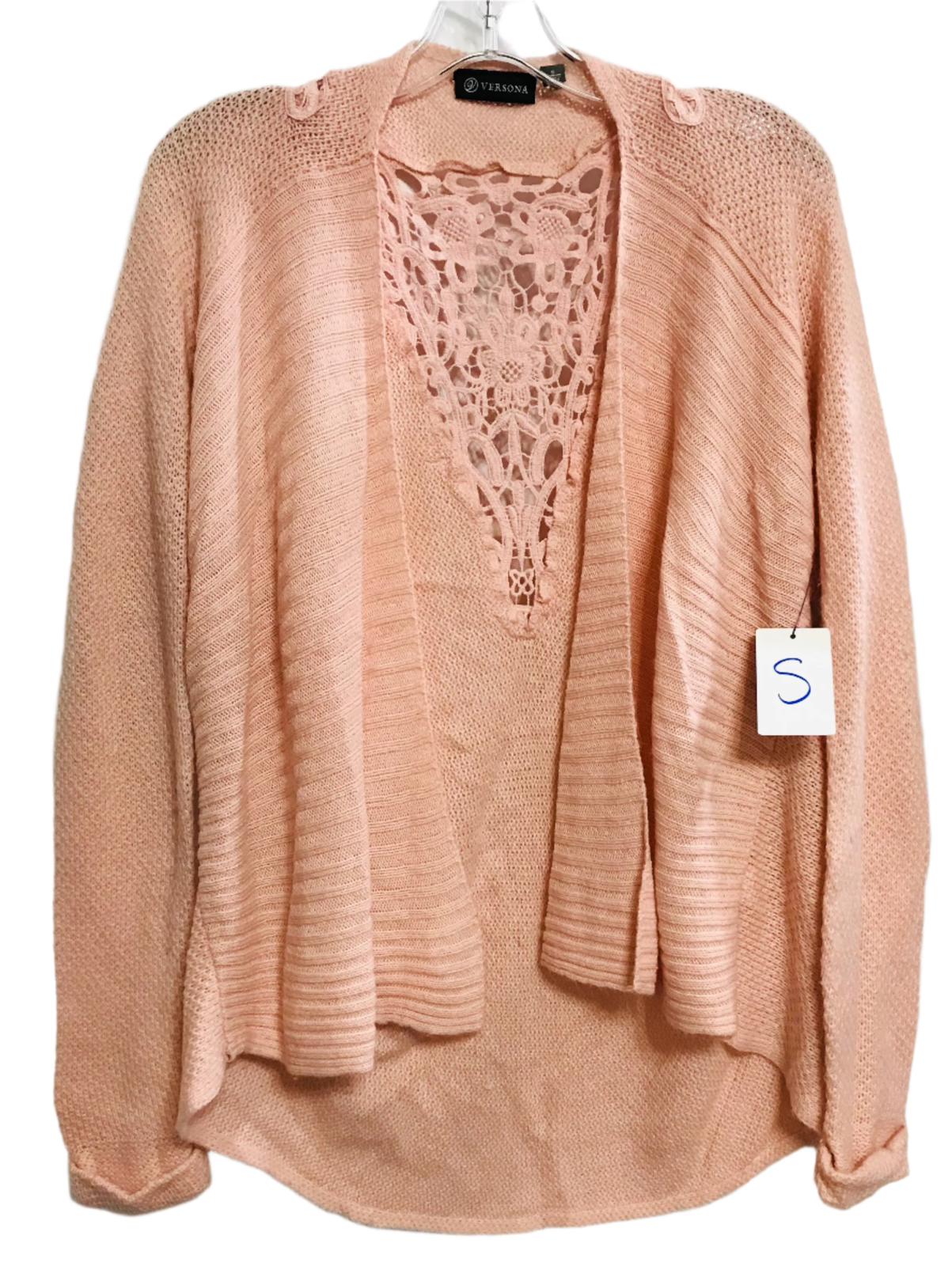 Versona Pink Cardigan Shawl Sweater Crochet Lace Detail on Back Ladies S