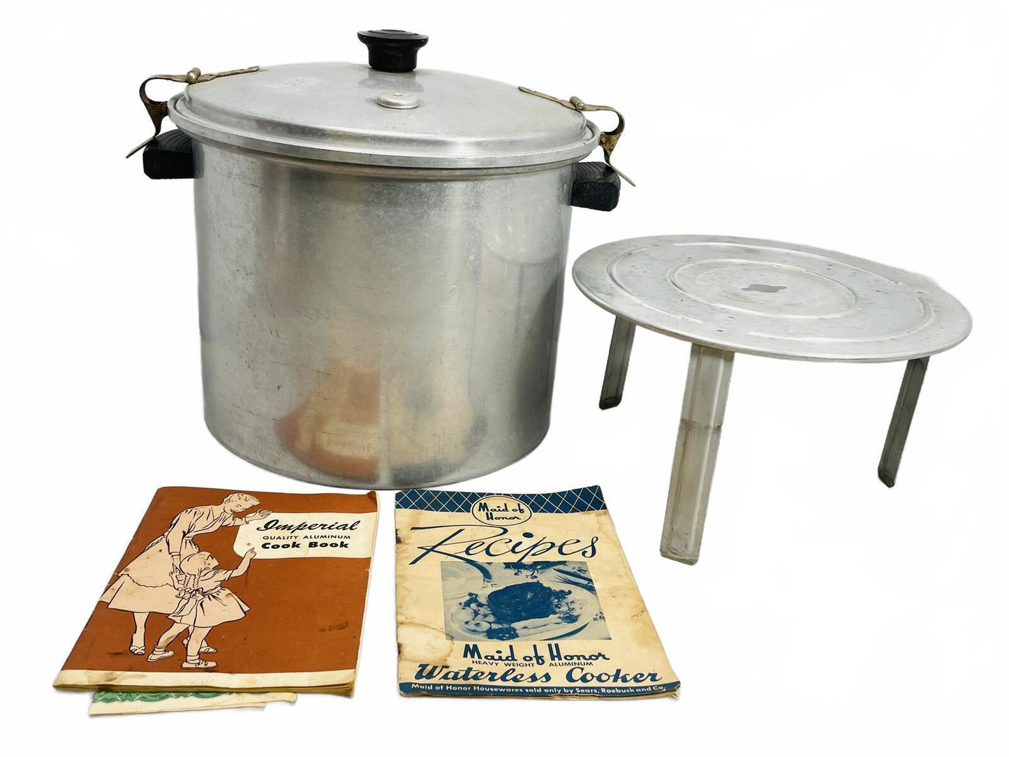 Vintage Maid of Honor Waterless Cooker with Stand and Two Vintage Cookbooks