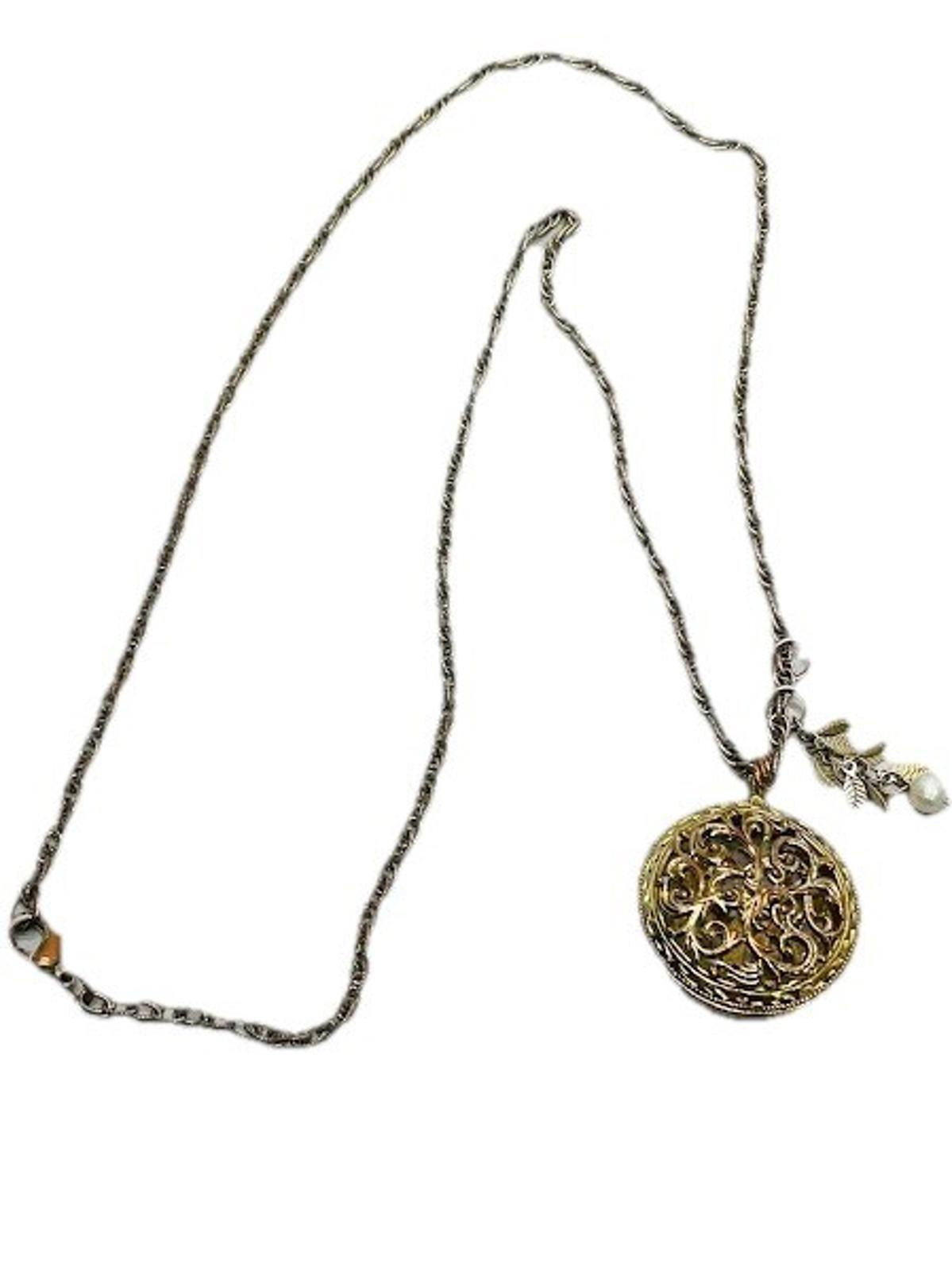Vintage Style Gold and Silver Filigree Pendant Necklace with Leaf Charms 15"