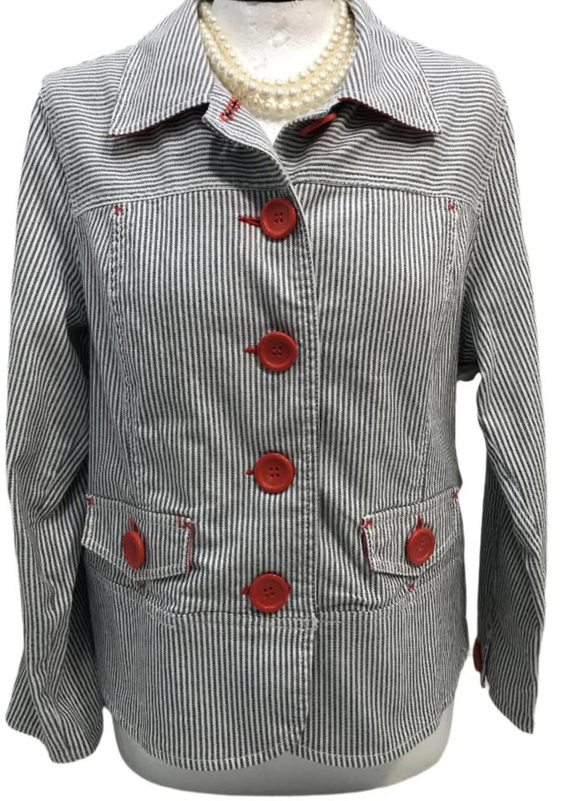EUC Onque Grey & White Pin Stripe Blazer Shacket Large Orange Buttons Ladies S/M