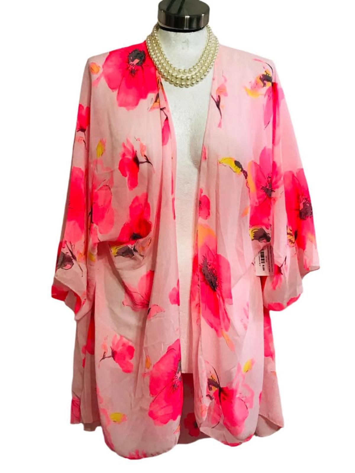 Sheer Bright Pink Flowers Open Front Flowy Shawl / Cover Up Ladies ONE SIZE