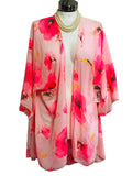 Sheer Bright Pink Flowers Open Front Flowy Shawl / Cover Up Ladies ONE SIZE