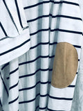 White & Black Striped Cardigan Sweater w/ Khaki Elbow Patches Ladies S