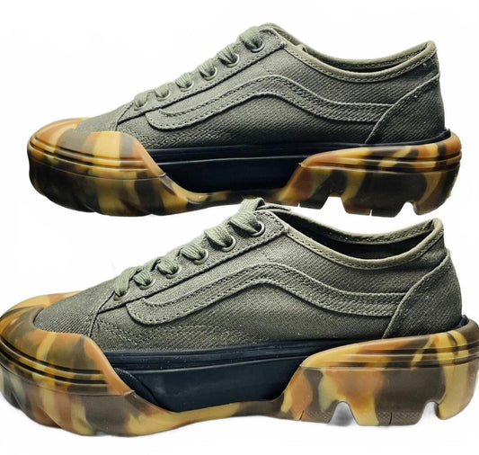 Vans Olive Green Canvas Sneakers with Unique Camouflage Removeable Sole Men's 6